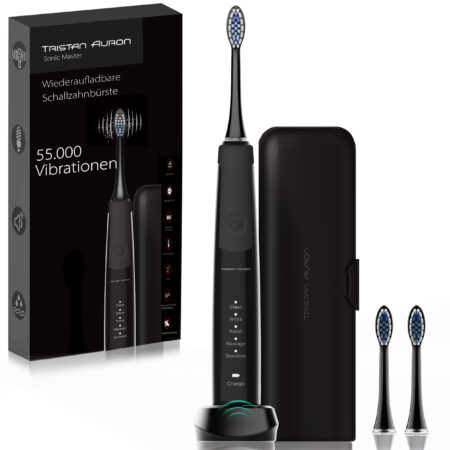 Tristan Auron Schallzahnbürste Sonicmaster mit 2 Bürstenköpfe und Reiseetui (Schwarz)