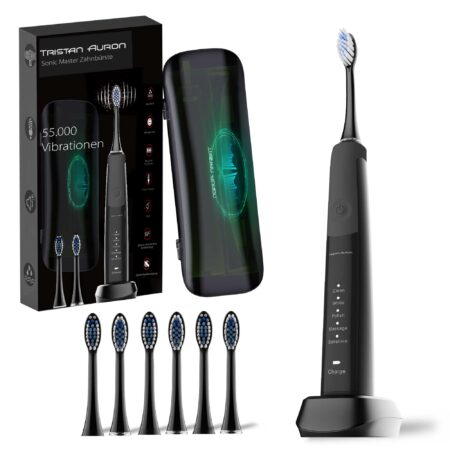 Tristan Auron Schallzahnbürste Sonicmaster mit UV Reiseetui + 6 Bürstenköpfe (Schwarz)