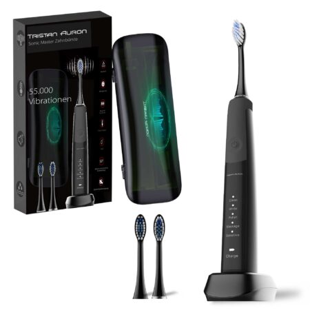 Tristan Auron Schallzahnbürste Sonicmaster mit UV Reiseetui + 2 Ersatzbürstenköpfe (Schwarz)