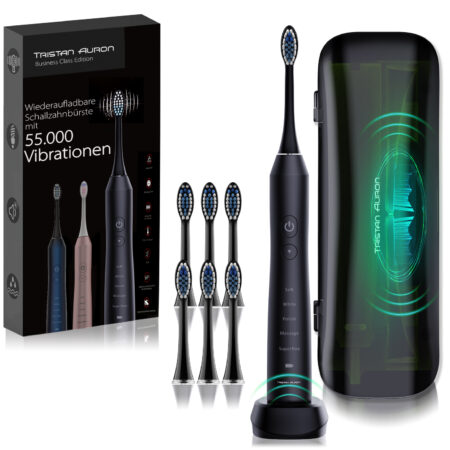 Tristan Auron Schallzahnbürste Business Class mit UV Reiseetui + 6 Bürstenköpfe (Schwarz)