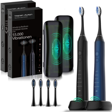 Tristan Auron Schallzahnbürste Business Class Doppelpack mit UV Reiseetui und 4 Bürstenköpfe (blau/schwarz)