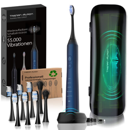 Tristan Auron Schallzahnbürste Business Class mit UV Reiseetui + 6 Bürstenköpfe und 2 Zungenreiniger (blau)