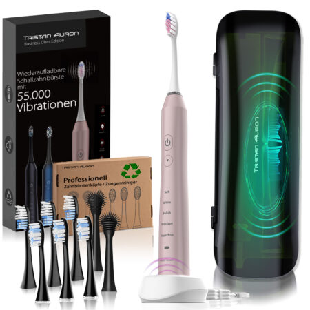 Tristan Auron Schallzahnbürste Business Class mit UV Reiseetui + 6 Bürstenköpfe und 2 Zungenreiniger (pink)
