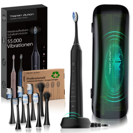 Tristan Auron Schallzahnbürste Business Class mit UV Reiseetui + 6 Bürstenköpfe und 2 Zungenreiniger (schwarz)