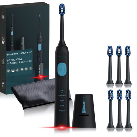 Tristan Auron Schallzahnbürste mit Andruckkontrolle + 6 Ersatzbürstenköpfe Space Brush (schwarz)