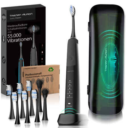 Tristan Auron Schallzahnbürste Sonicmaster mit UV Reiseetui + 6 Bürstenköpfe + 2 Zungenreiniger (schwarz)
