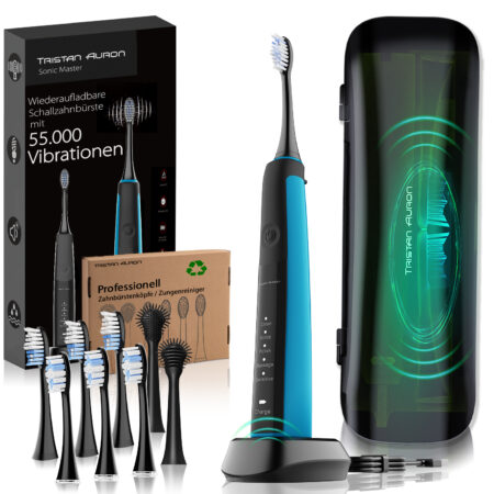 Tristan Auron Schallzahnbürste Sonicmaster mit UV Reiseetui + 6 Bürstenköpfe und 2 Zungenreiniger (Blau)