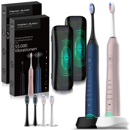 Tristan Auron Schallzahnbürste Business Class Doppelpack mit UV Reiseetui und 4 Bürstenköpfe (blau/pink)