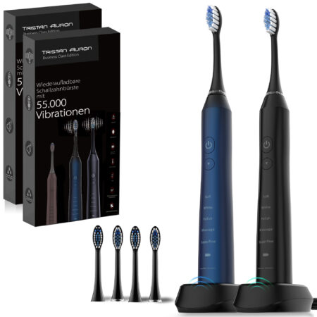 Tristan Auron Schallzahnbürste Business Class Doppelpack mit 4 Bürstenköpfe Business Class (blau/schwarz)