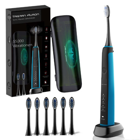 Tristan Auron Schallzahnbürste Sonicmaster mit UV Reiseetui + 6 Bürstenköpfe Sonic Master (Blau)