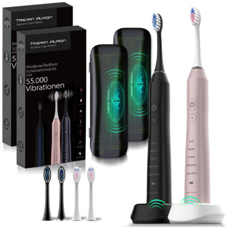 Tristan Auron Schallzahnbürste Business Class Doppelpack mit UV-Case und 4 Bürstenköpfe (pink/schwarz)