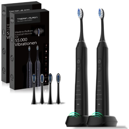 Tristan Auron Schallzahnbürste Business Class Doppelpack mit 4 Bürstenköpfe (schwarz)
