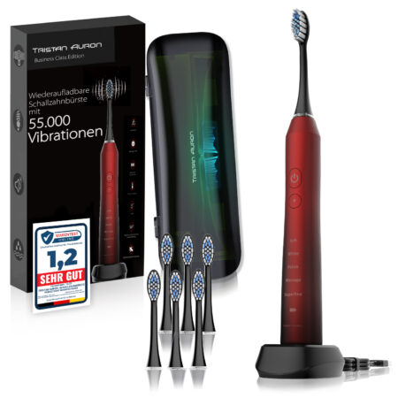 Tristan Auron Schallzahnbürste Business Class mit UV Reiseetui + 6 Bürstenköpfe (rot)