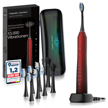 Tristan Auron Schallzahnbürste Business Class mit UV Reiseetui + 6 Bürstenköpfe und 2 Zungenreiniger (rot)
