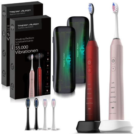 Tristan Auron Schallzahnbürste Business Class Doppelpack mit UV-Case und 4 Bürstenköpfe (rot/pink)