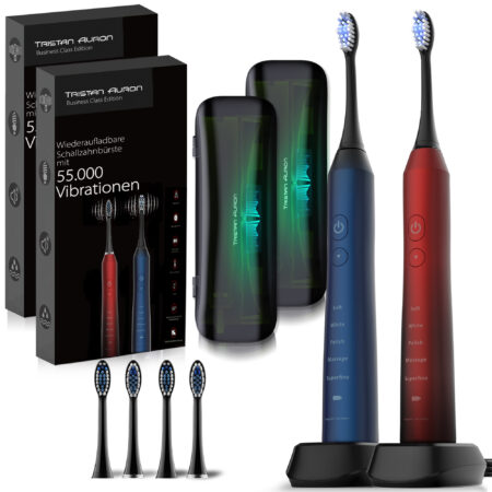 Tristan Auron Schallzahnbürste Business Class Doppelpack mit UV-Case und 4 Bürstenköpfe (rot/blau)