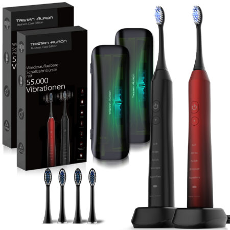 Tristan Auron Schallzahnbürste Business Class Doppelpack mit UV-Case und 4 Bürstenköpfe (rot/schwarz)