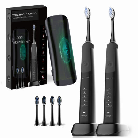 Tristan Auron Schallzahnbürste Sonicmaster Doppelpack mit UV Reiseetui und 4 Bürstenköpfe Sonic Master (schwarz)